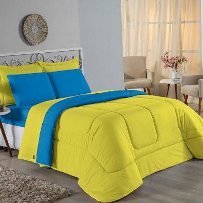 Edredom Solteiro Nobre 1 Peça Dupla Face 1,60m X 2,40m Malha 100% Algodão - Amarelo / Turquesa