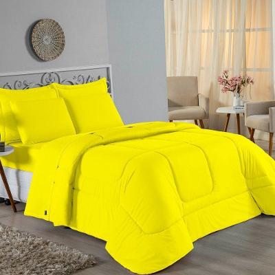Kit Edredom Dupla Face + Jogo De Lençol Casal Nobre 6 Peças Malha 100% Algodão - Amarelo