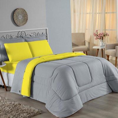 Edredom Queen Nobre 1 Peça Dupla Face 2,20m X 2,40m Malha 100% Algodão - Cinza / Amarelo