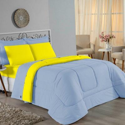 Kit Edredom Dupla Face + Jogo De Lençol Casal Nobre 7 Peças Malha 100% Algodão - Azul-bebê / Amarelo