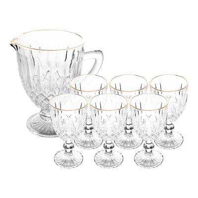 Jogo Jarra 1l Greek Com 6 Taças De Vidro 345ml Fio De Ouro Borda Dourada água Suco Wolff