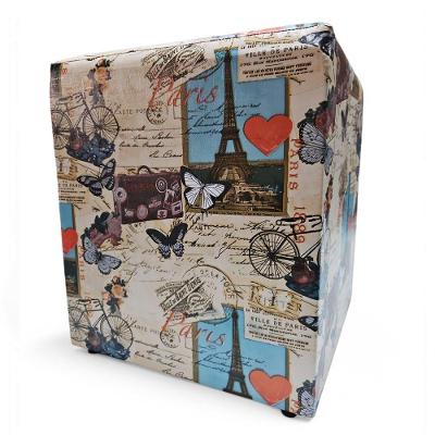 Puff Banqueta Quadrado Cubo Decorativo Courino e Suede Borboleta Paris Courino