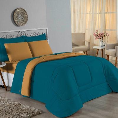 Kit Edredom Dupla Face + Jogo De Lençol Casal Nobre 7 Peças Malha 100% Algodão - Petróleo / Cobre