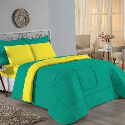 Kit Edredom Dupla Face + Jogo De Lençol Casal Nobre 7 Peças Malha 100% Algodão - Jade / Amarelo