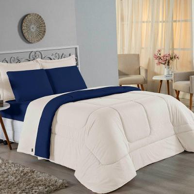 Kit Edredom Dupla Face + Jogo De Lençol Casal Nobre 7 Peças Malha 100% Algodão - Palha / Azul-marinho