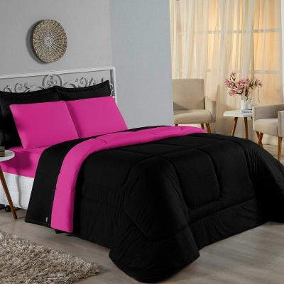 Kit Edredom Dupla Face + Jogo De Lençol Casal Nobre 7 Peças Malha 100% Algodão - Preto / Pink