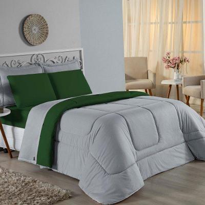 Edredom King Nobre 1 Peça Dupla Face 2,50m X 2,90m Malha 100% Algodão - Cinza / Verde-bandeira