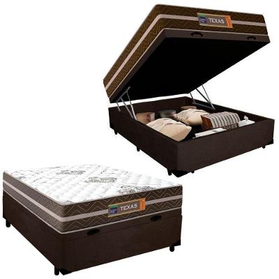 Cama Box Baú Casal Suede + Colchão Molas Ensacadas Texas Prime Colchões 138x188x66cm Cor:marrom