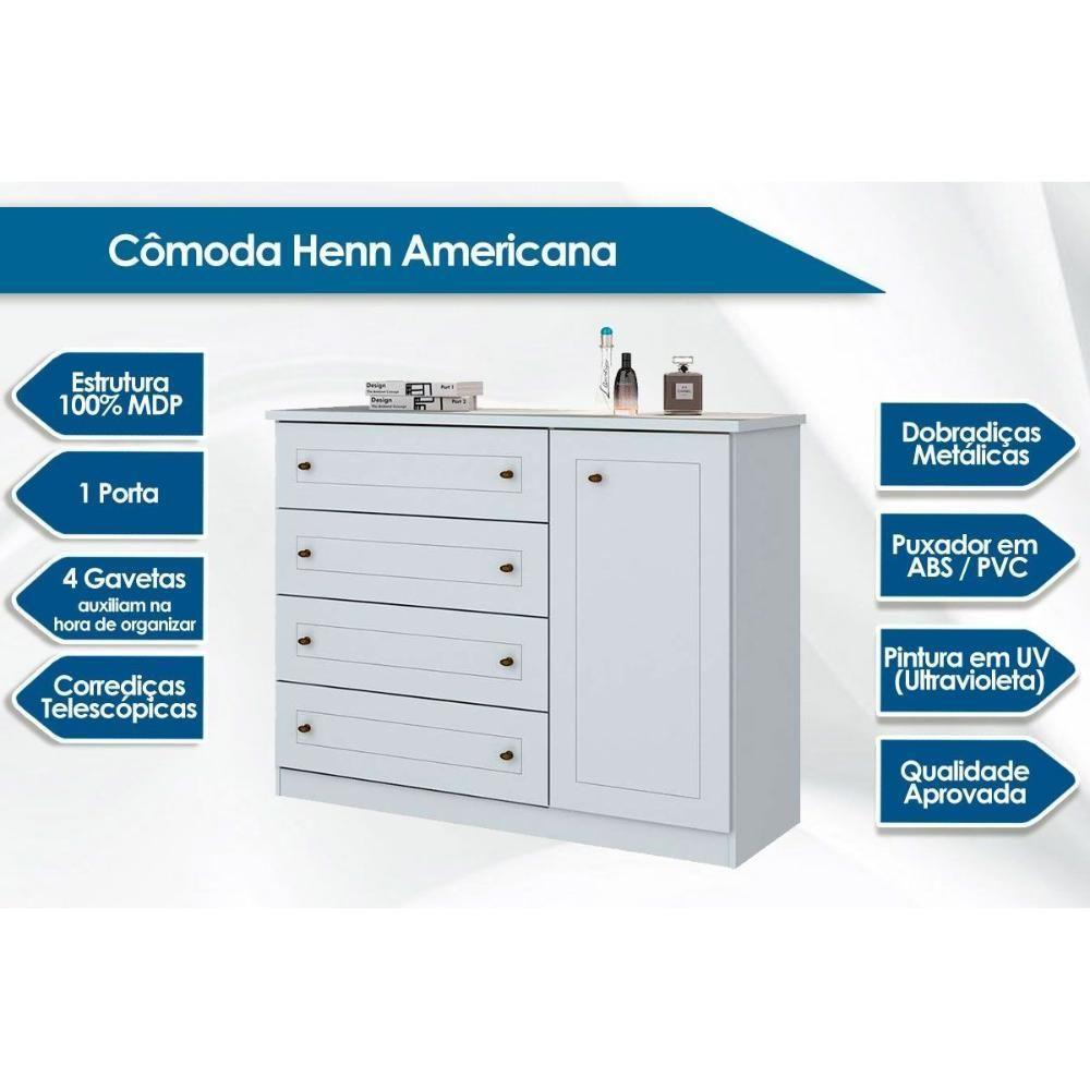 Cômoda de Quarto Americana c/ 1 Porta e 4 Gavetas Branco - Henn - 2