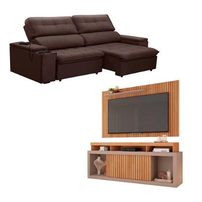 Kit Sofá Genebra 3 Lugares Com Rack Painel New Oscar Café/buriti/fendi