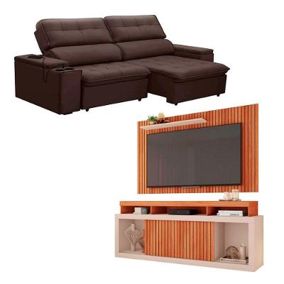 Kit Sofá Genebra 3 Lugares Com Rack Painel New Oscar Cafe/freijo/off White