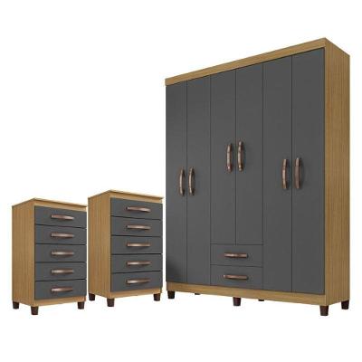 Guarda Roupa Casal Módena Com 2 Cômodas Cannes 5 Gavetas Carvalho Grafite Americano - Incorplac