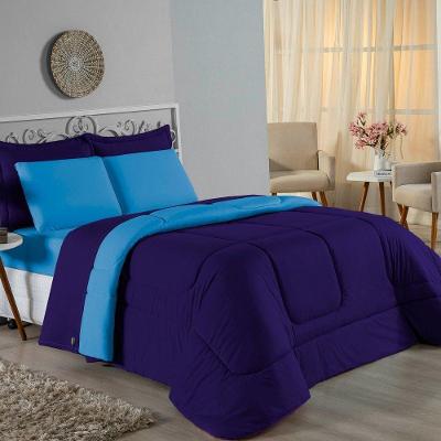 Kit Edredom Dupla Face + Jogo De Lençol Casal Viúva Nobre 7 Peças Malha 100% Algodão - Roxo / Turquesa