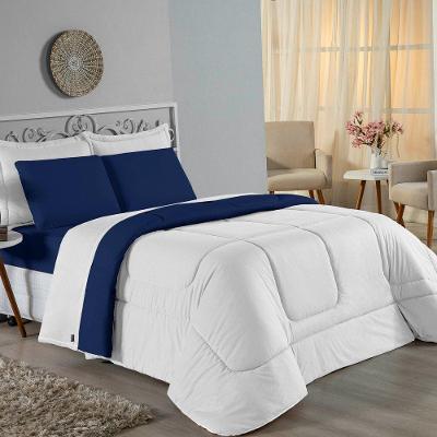 Edredom Queen Nobre 1 Peça Dupla Face 2,40m X 2,60m Malha 100% Algodão - Branco / Azul-marinho