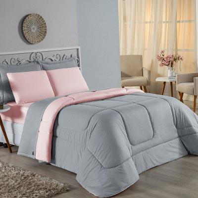 Edredom Queen Nobre 1 Peça Dupla Face 2,40m X 2,60m Malha 100% Algodão - Cinza / Rosa