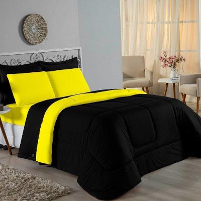 Kit Edredom Dupla Face + Jogo De Lençol Queen Nobre 6 Peças Malha 100% Algodão - Preto / Amarelo