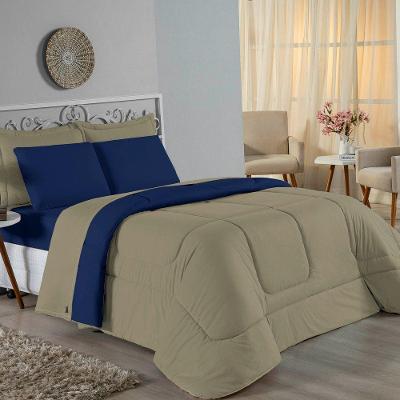 Kit Edredom Dupla Face + Jogo De Lençol Solteiro Nobre 4 Peças Malha 100% Algodão - Avelã / Azul-marinho