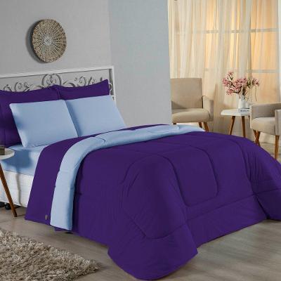 Kit Edredom Dupla Face + Jogo De Lençol Queen Nobre 7 Peças Malha 100% Algodão - Roxo / Azul-bebê