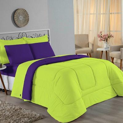 Kit Edredom Dupla Face + Jogo De Lençol King Nobre 6 Peças Malha 100% Algodão - Pistache / Roxo