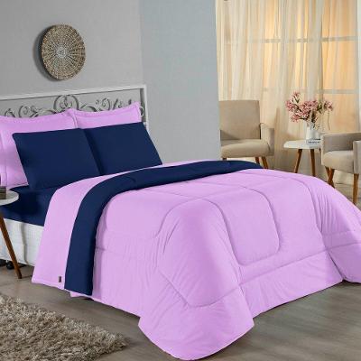 Kit Edredom Dupla Face + Jogo De Lençol King Nobre 7 Peças Malha 100% Algodão - Lilás / Azul-marinho