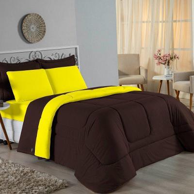 Kit Edredom Dupla Face + Jogo De Lençol King Nobre 6 Peças Malha 100% Algodão - Marrom / Amarelo
