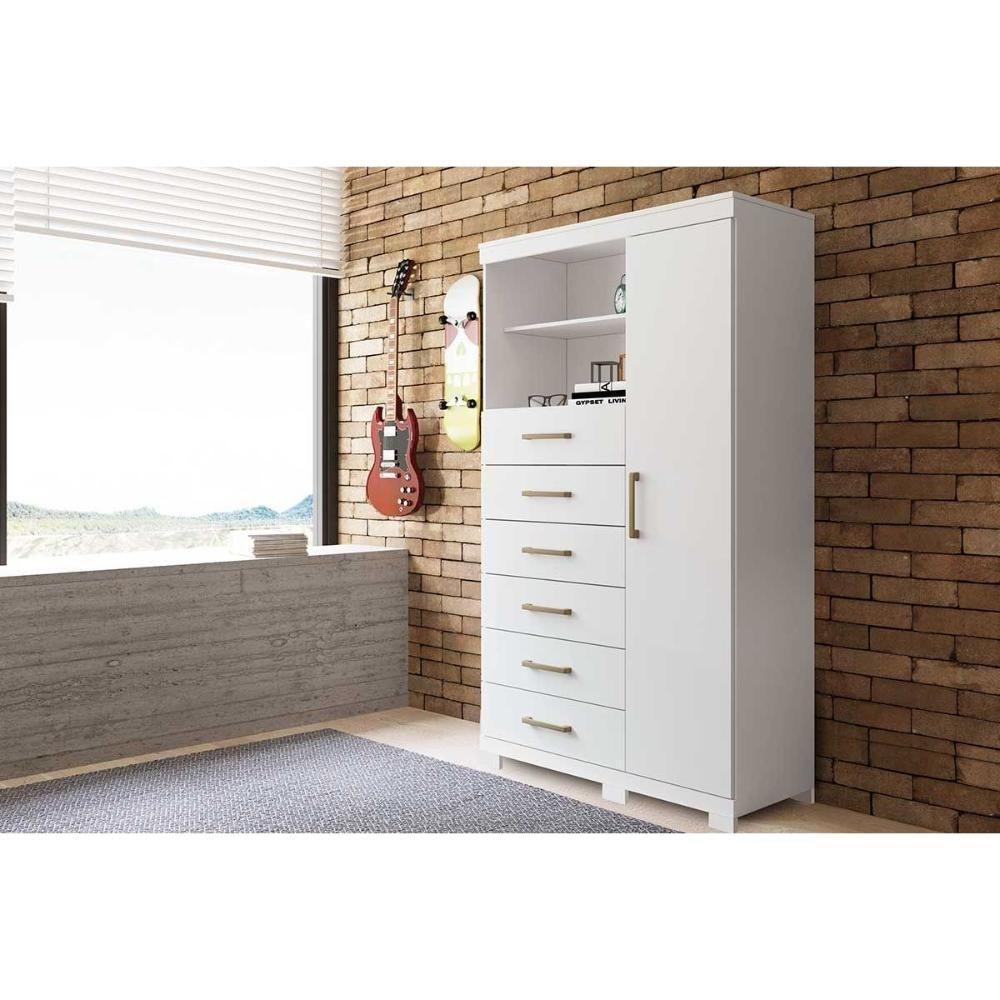 Cômoda de Quarto Marabá 1.6 c/ 1 Porta 2 Nichos e 6 Gavetas c/ Pés Branco - Santos Andirá - 1
