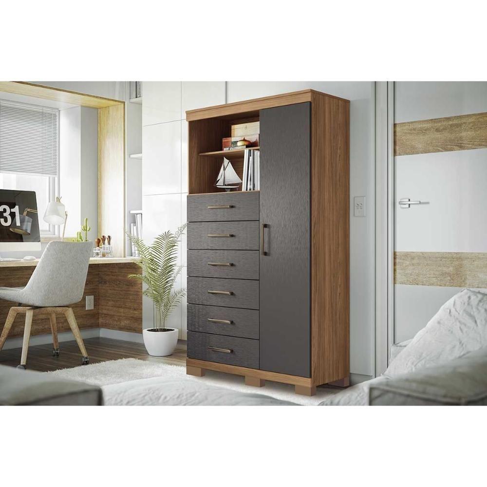 Cômoda de Quarto Marabá 1.6 c/ 1 Porta 2 Nichos e 6 Gavetas c/ Pés Jatoba/Grafitte - Santos Andirá - 1