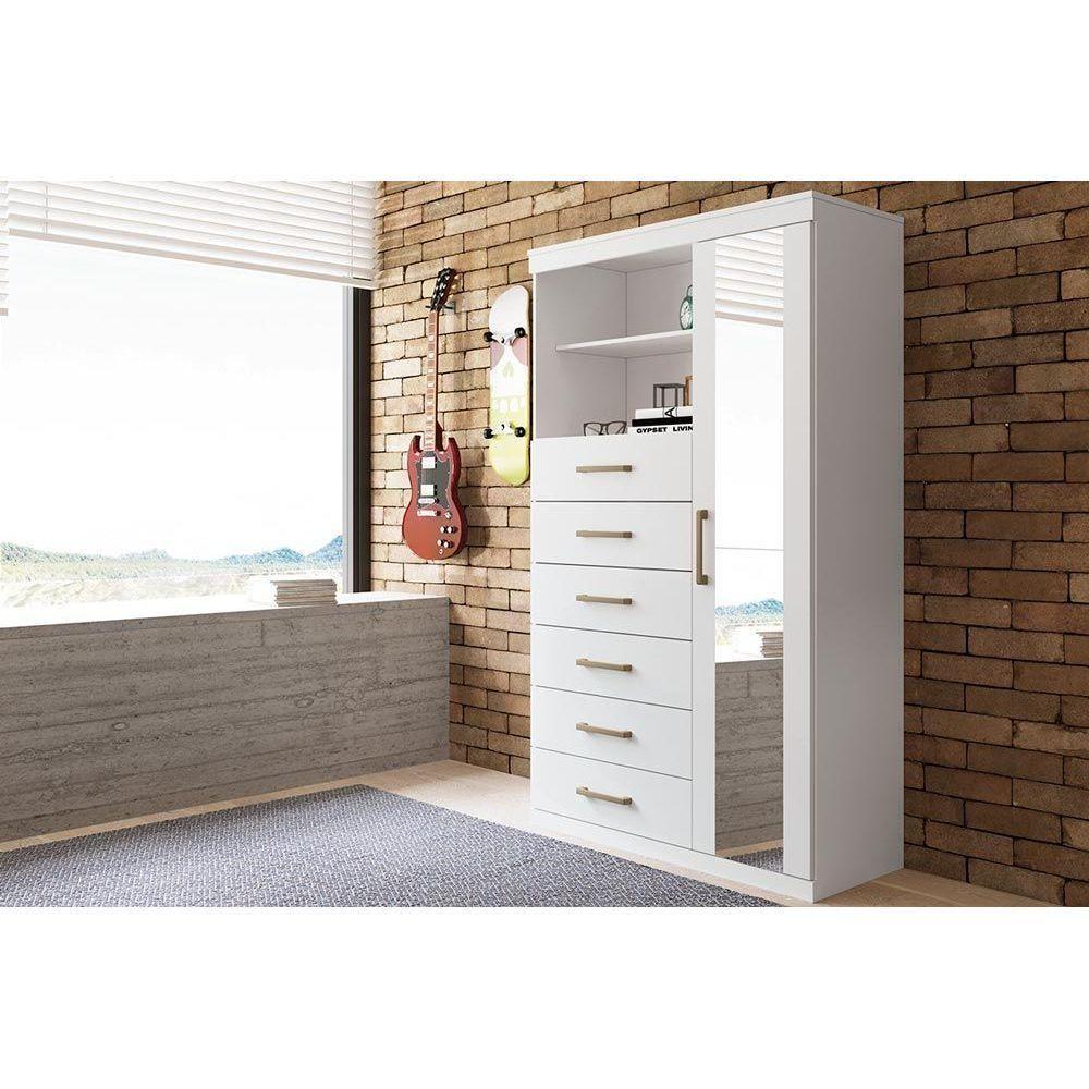 Cômoda de Quarto Marabá 1.6 c/ 1 Porta 2 Nichos e 6 Gavetas c/ Espelho Branco - Santos Andirá - 1