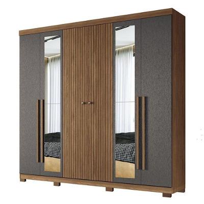 Guarda Roupa Casal Ripado 6 Portas Buriti Com Espelho E Pés Jatobá Grafite Acetinado - Santos Andirá