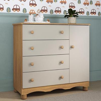 Cômoda Infantil 95cm 1 Porta E 4 Gavetas Dengo Multimóveis Mp4439 Madeirado/off White Madeirado/off White