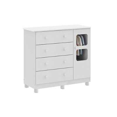 Cômoda de Quarto Uli 4 Gavetas em MDF com Puxador Plástico Branco com Porta Cristal Reto