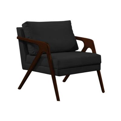 Poltrona Sala De Estar Base Madeira Maciça Monique Castanho Preto Veludo