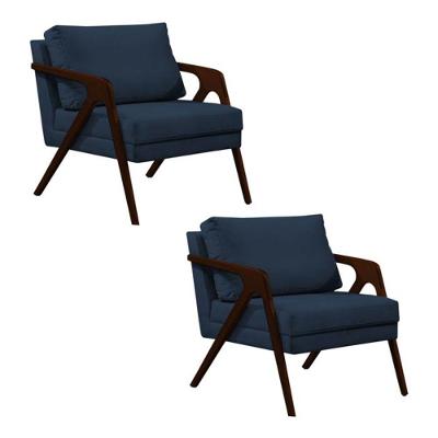 Conjunto 2 Poltronas Sala De Estar Monique Madeira Castanho Azul Veludo