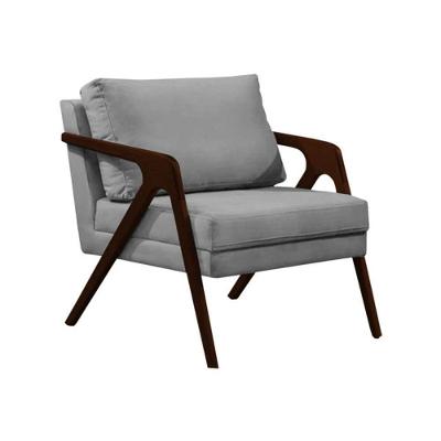 Poltrona Sala De Estar Base Madeira Maciça Monique Castanho Cinza Veludo