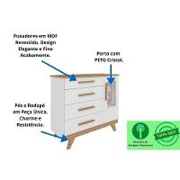 Cômoda de Quarto Retrô c/ 1 Porta Cristal e 4 Gavetas Branco/Carvalho - Peroba