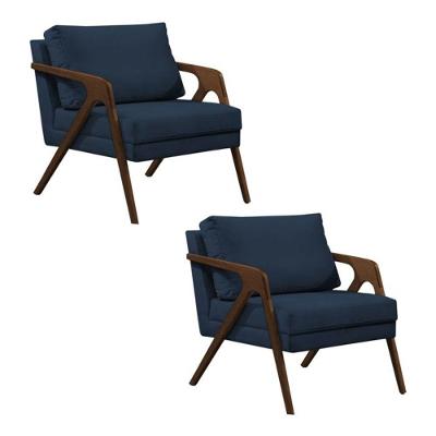 Conjunto 2 Poltronas Sala De Estar Monique Madeira Mel Azul Veludo