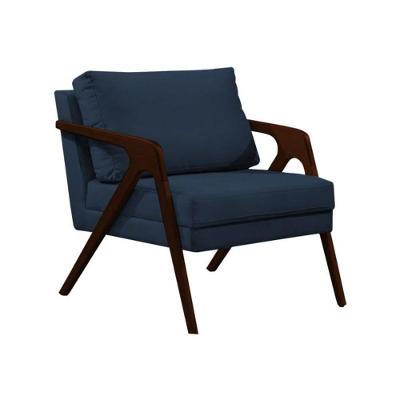 Poltrona Sala De Estar Base Madeira Maciça Monique Castanho Azul Veludo