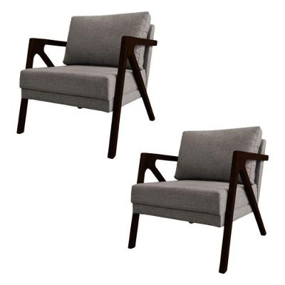 Conjunto 2 Poltronas Sala De Estar Monique Madeira Castanho Grafite Linho