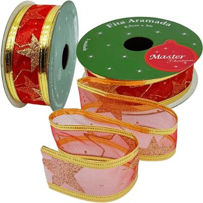 Rolos Fitas Aramada Estrelas Natal Gliter 2,5cm 3m Kit 10pçs