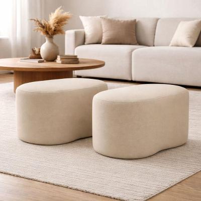 Kit 2 Puff Feijão Curvo Orgânico Redondo Sala Confortável Moderno Linho Bege