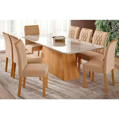 Sala De Jantar Completa Helena Com Tampo Madeirado Com Vidro 210x100cm E 8 Cadeiras Juliana Madeirado- Linho Bege - Cimol