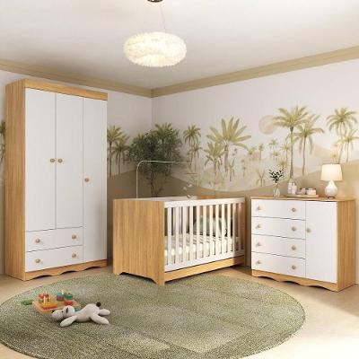 Quarto De Bebê Completo Com Berço Americano 3 Em 1 Realeza Multimóveis MP4591 Madeirado-branco