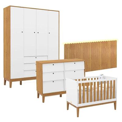 Quarto De Bebê Unique 4 Portas Com Cômoda 6 Gavetas E Painel Farm Com Led Branco Soft Freijó Eco Wood - Matic