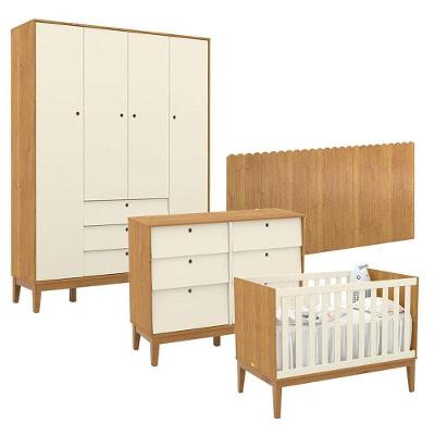 Quarto de Bebê com Berço Americano Unique em MDF Off White e Freijó Eco Wood com Cômoda