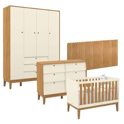 Quarto de Bebê Unique 4 Portas Cômoda 6 Gavetas MDF 136cm Off White Freijó Eco Wood Matic
