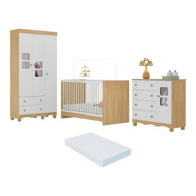 Quarto De Bebê Completo Com Berço 3 Em 1 Com Colchão Incluso Luna Multimóveis MP4544 Madeirado-branco