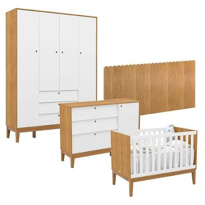 Quarto De Bebê Unique 4 Portas Com Cômoda Sapateira E Painel Farm Freijó Branco Soft Eco Wood - Matic