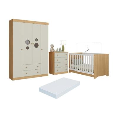 Quarto De Bebê Completo Berço Americano 3x1 Colchão Pirulito Multimóveis MP4633 Madeirado-off White