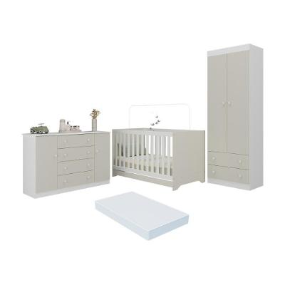 Quarto De Bebê Completo Berço Americano 3 Em 1 Colchão Encanto Multimóveis MP4609 Branco-off White