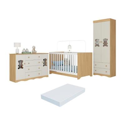 Quarto De Bebê Completo Berço Americano 3 Em 1 Colchão Doçura Multimóveis MP4674 Madeirado-off White